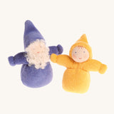 A purple Bearded Grimm's Dwarf, and a rainbow Yellow Grimm's Dwarf next to each other on a cream background