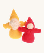 A Yellow Bearded Grimm's Dwarf, and a rainbow Red Grimm's Dwarf next to each other on a cream background