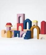 Open end play setup made from different Grimm's wooden panorama building set pieces 