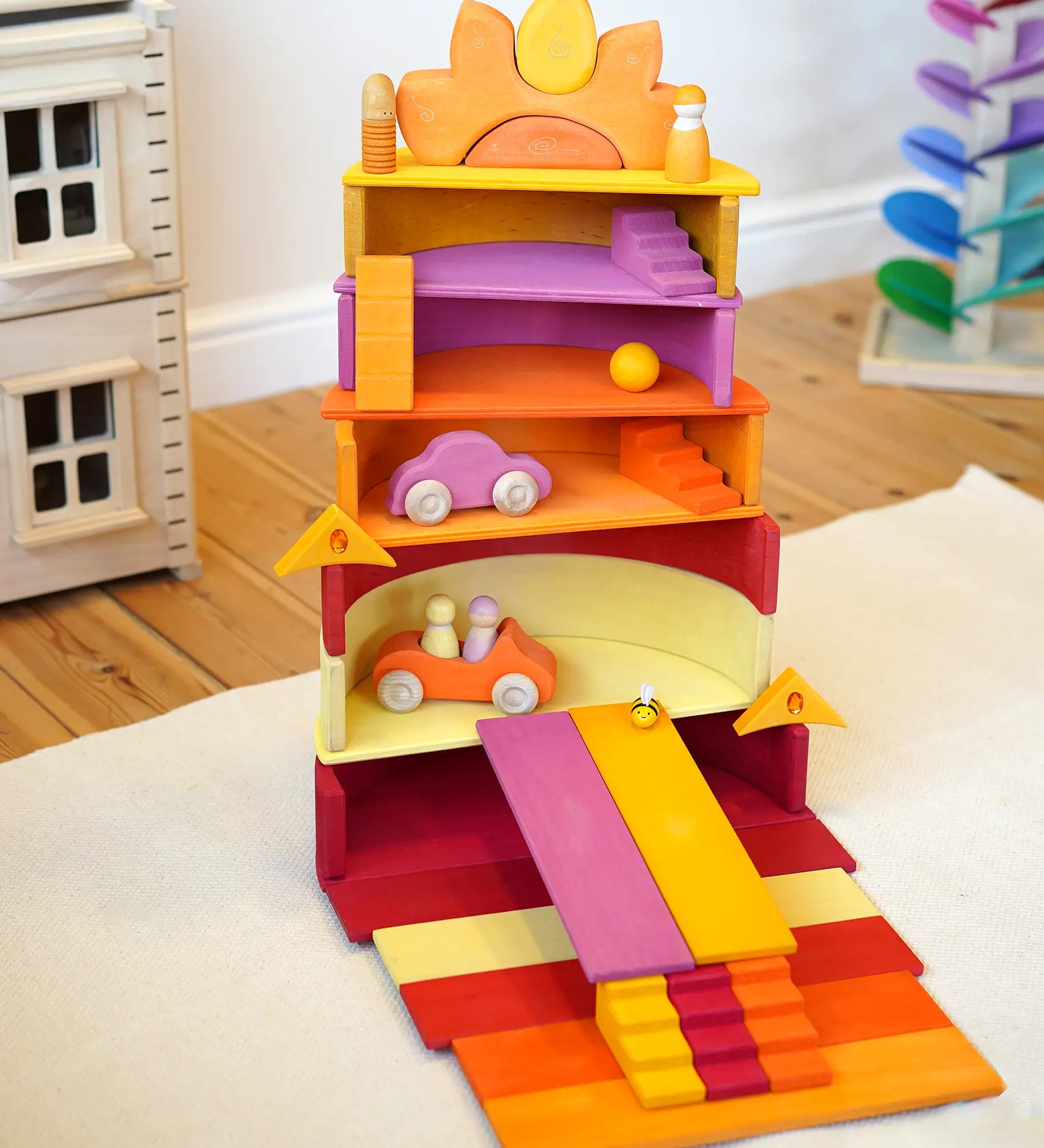 A archway stack structure made from Grimms wooden pastel building boards and other building blocks in the Babipur playroom