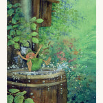 A page from The Garden Adventures Of Griswald The Gnome by Daniela Drescher. Griswald Gnome is falling into a wooden barrel full of rain water