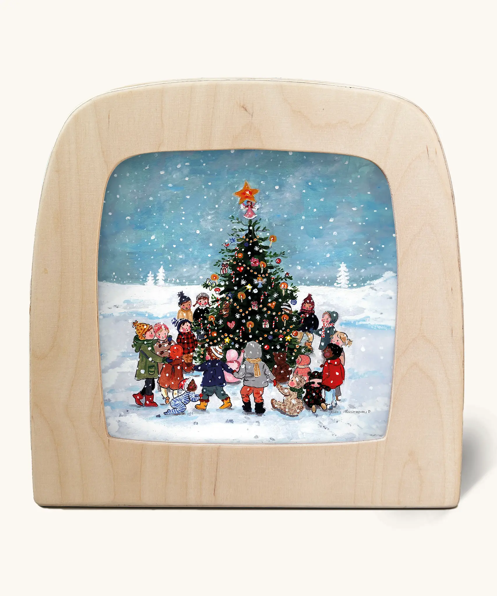 Toverlux silhouette of snowy Christmas scene, kids decorating a Christmas tree, for December celebrations.