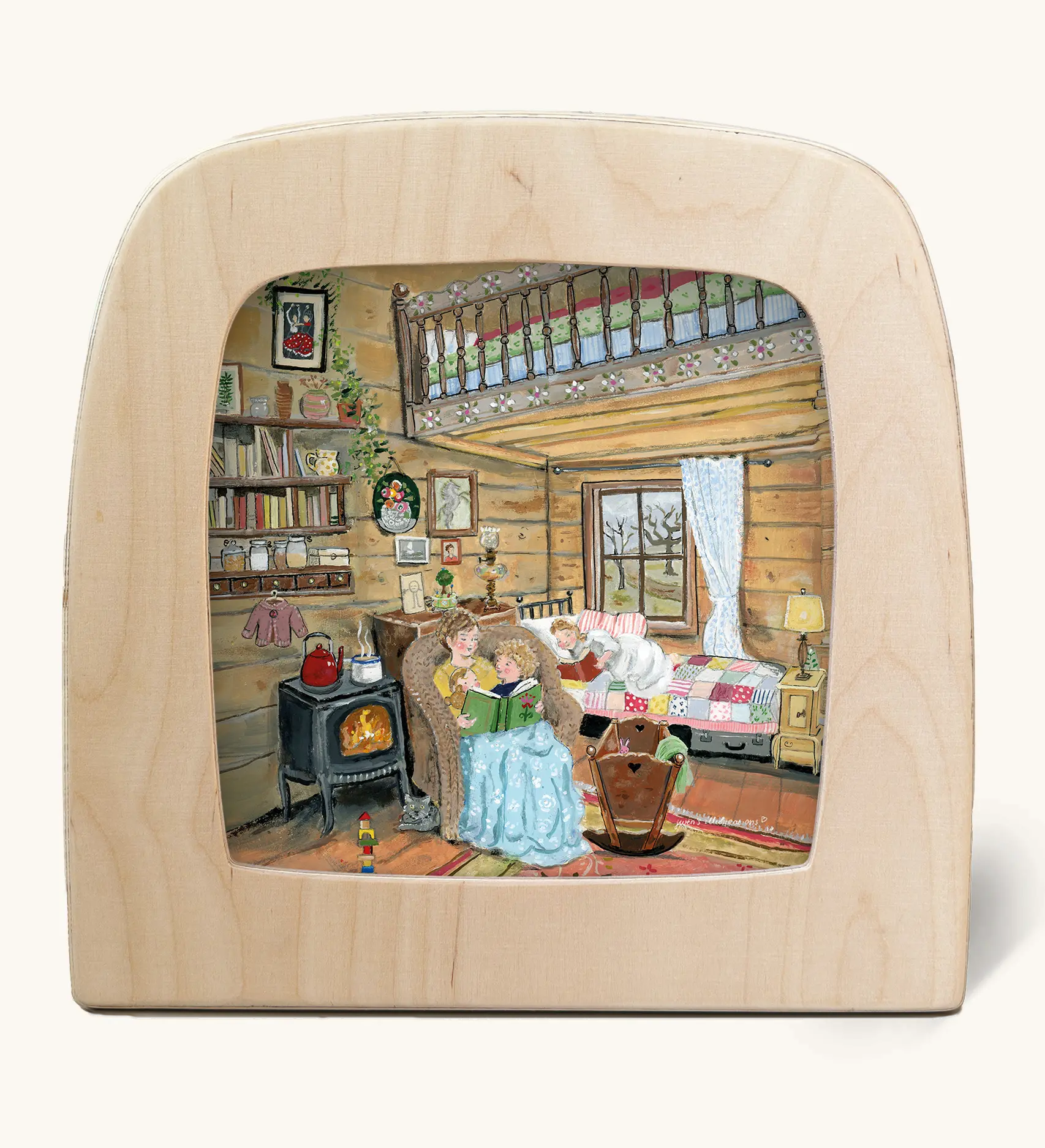 Toverlux silhouette of a cosy autumn winter scene, family reading a bedtime story in a cabin with a fireplace, for October, November and December celebrations.