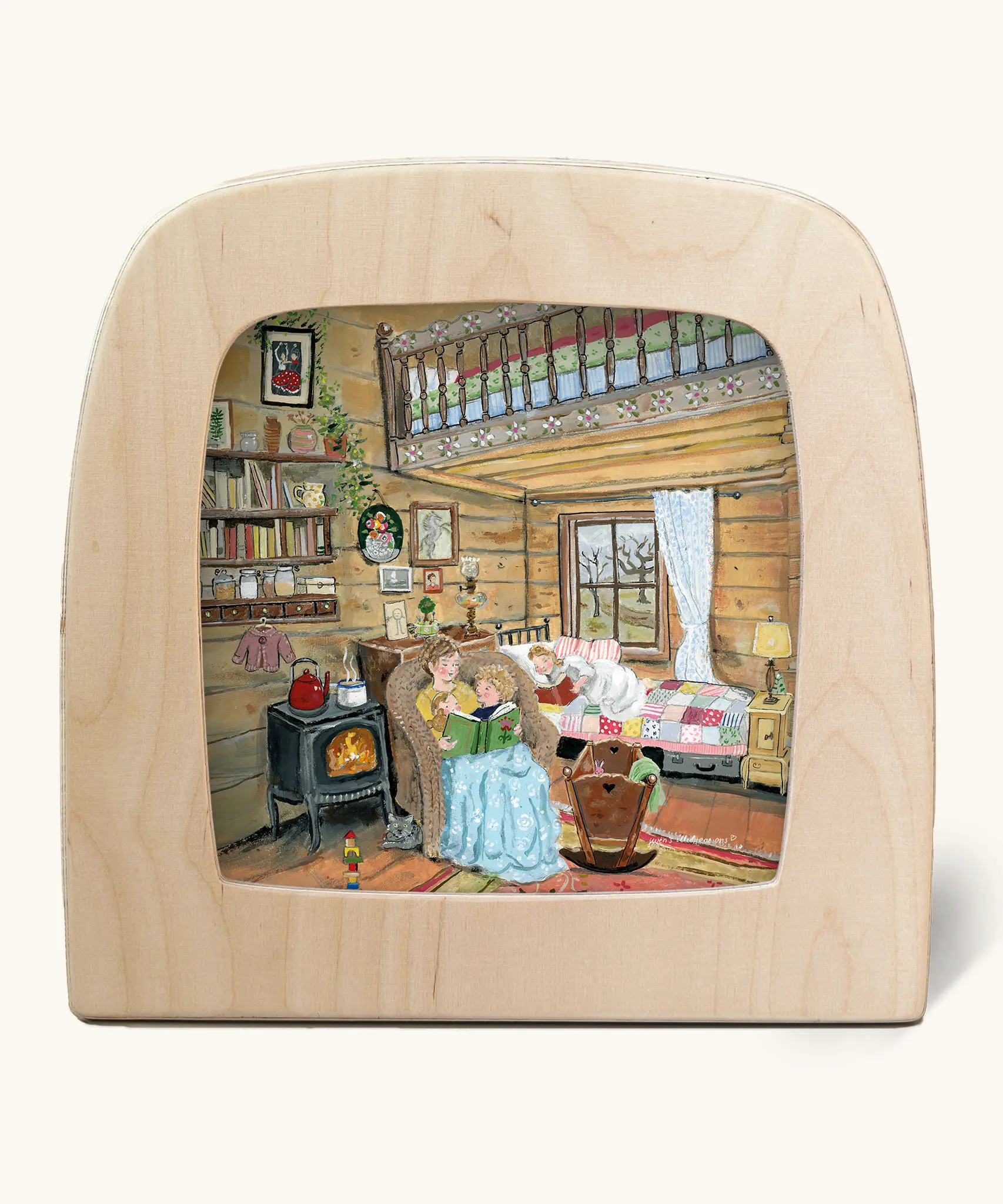 Toverlux silhouette of a cosy autumn winter scene, family reading a bedtime story in a cabin with a fireplace, for October, November and December celebrations.
