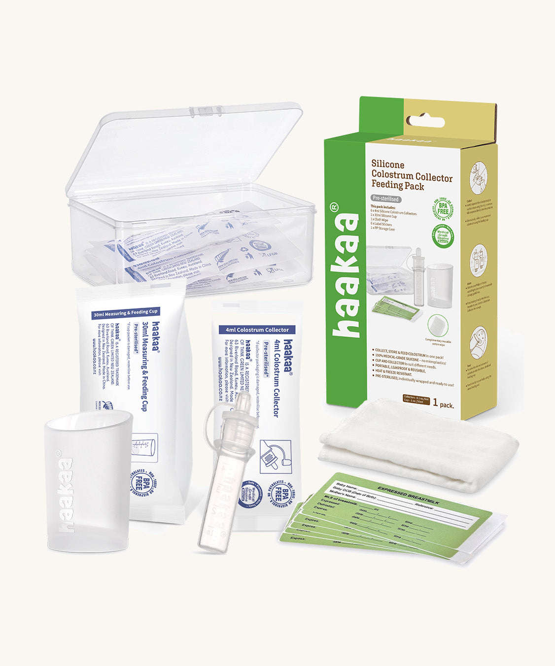 Haakaa colostrum collector feeding pack with pieces shown in sterile packaging.