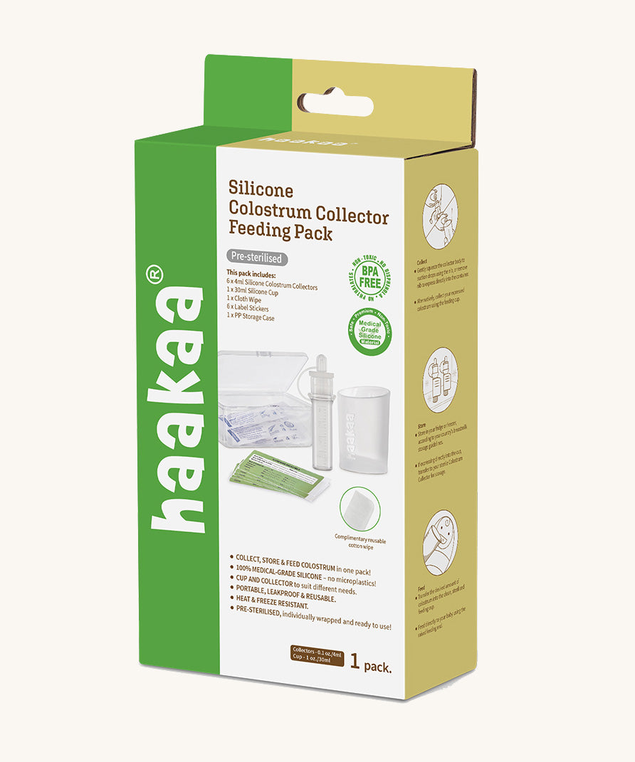Haakaa colostrum collector feeding pack shown in the cardboard packaging box.