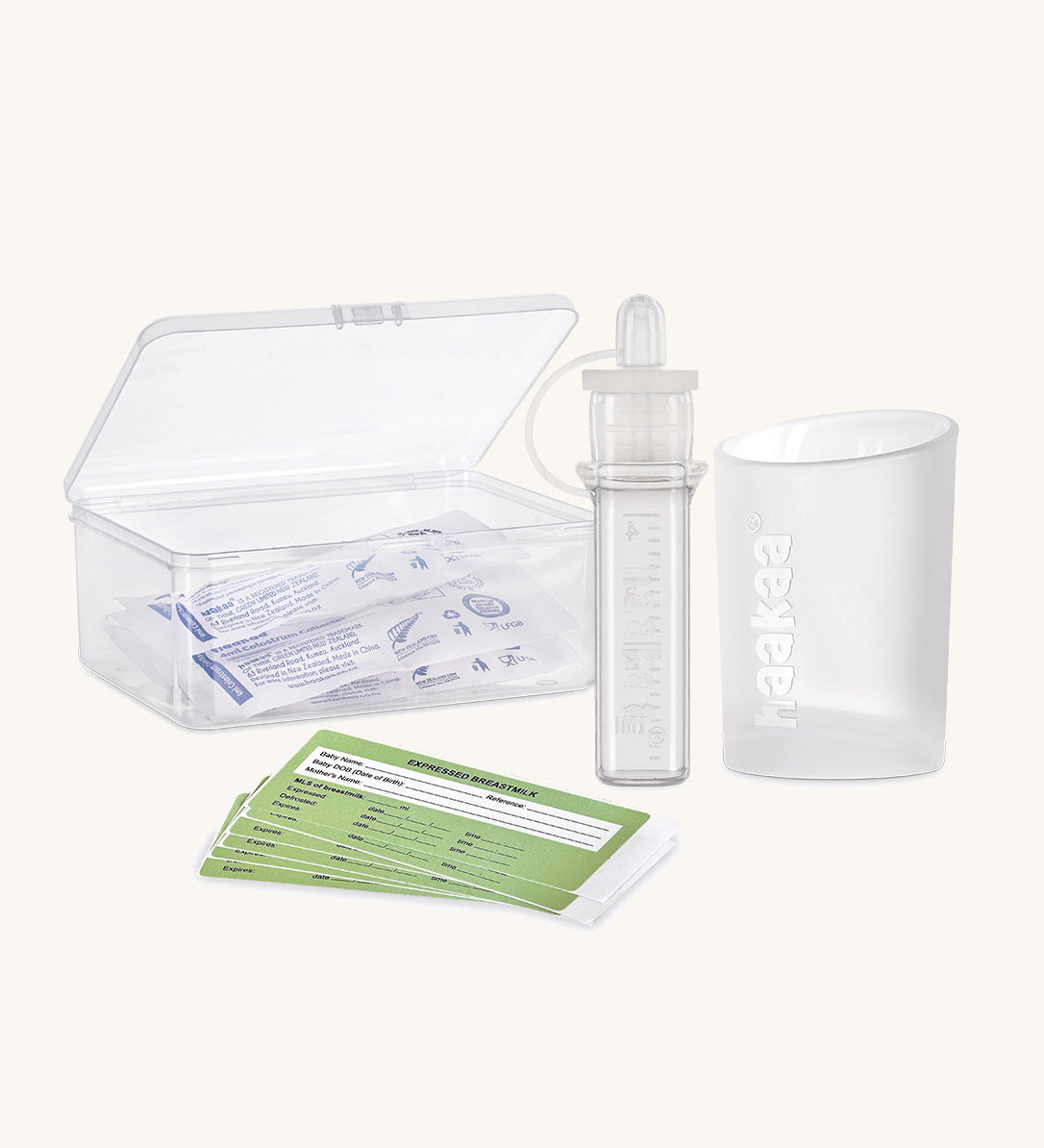 Haakaa colostrum collector feeding pack. The colostrum storage tubes are shown in their sterile packaging.