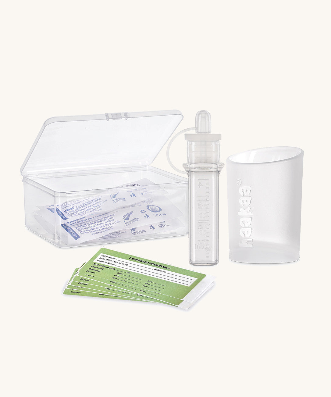 Haakaa colostrum collector feeding pack. The colostrum storage tubes are shown in their sterile packaging.