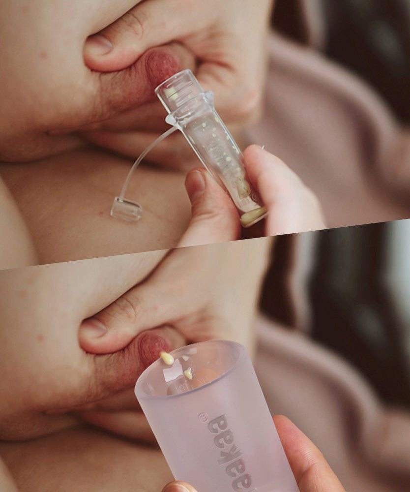 Collostrum storage pots and collecting cup from the Haakaa colostrum collector feeding pack being shown in use.