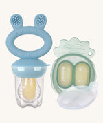 The Haakaa Fresh Food Feeder Mini Freeze and Feed set in blue, comes with a Nibble Tray, and a feeder. Both are freezable and the feeder is textured to sooth teething and sore gums