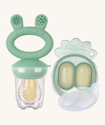 The Haakaa Fresh Food Feeder Mini Freeze and Feed set in green, comes with a Nibble Tray, and a feeder. Both are freezable and the feeder is textured to sooth teething and sore gums