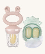 The Haakaa Fresh Food Feeder Mini Freeze and Feed set in punk, comes with a Nibble Tray, and a feeder. Both are freezable and the feeder is textured to sooth teething and sore gums