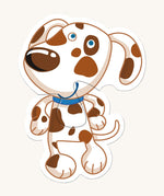 A white and brown dog from the Haba animal puzzle set on a cream background