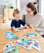 A mother and child playing with the Haba my day jigsaw puzzle set