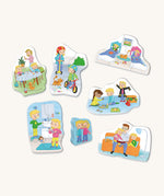 6 different puzzle pieces from the Haba my day set on a cream background