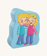 A wooden piece with a picture of a boy and girl on the front from the Haba my day jigsaw set