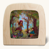 Toverlux silhouette of an autumn forest scene, two kids playing in the trees and toadstools, for September, October and November celebrations.