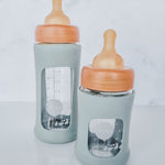 Hevea Glass Bottle Wide Neck With Rubber Sleeve - 250ml and 150ml in Seafoam Blue.