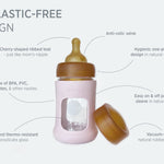 Hevea Glass Baby Bottle Wide Neck With Rubber Sleeve - 150ml infographic.