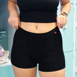  Hey Girls My Period Shorts in Black on a blue background