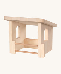 Holztiger wooden shelter set made from natural unfinished wood with a wooden gate closed and windows each side