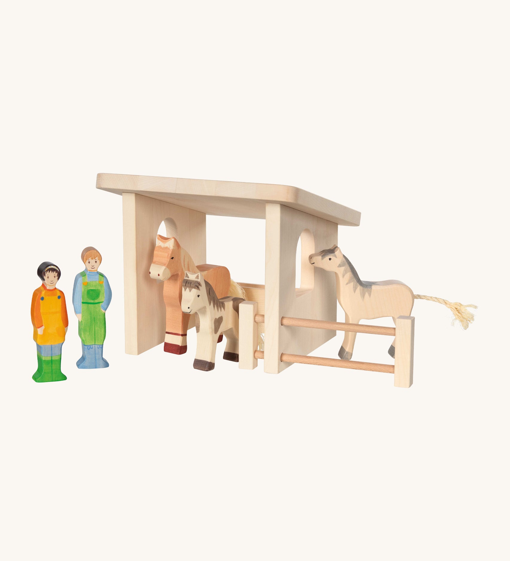 Holztiger hand crafted wooden shelter set with the gate open and horse figures inside 