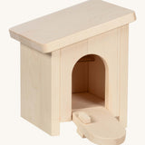 Holztiger small wooden stable made from natural unfinished wood. Showing the front door pulled down