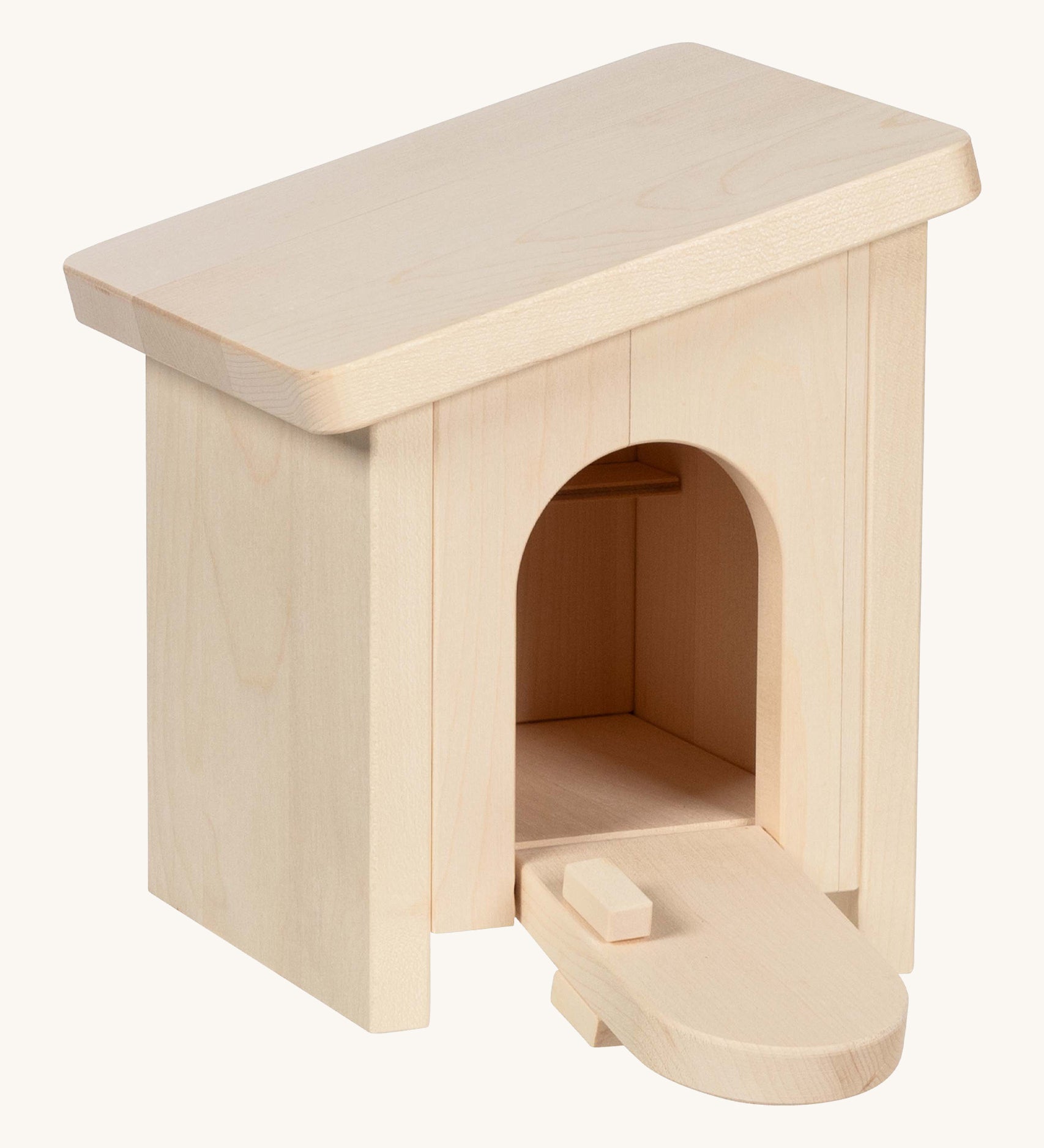 Holztiger small wooden stable made from natural unfinished wood. Showing the front door pulled down