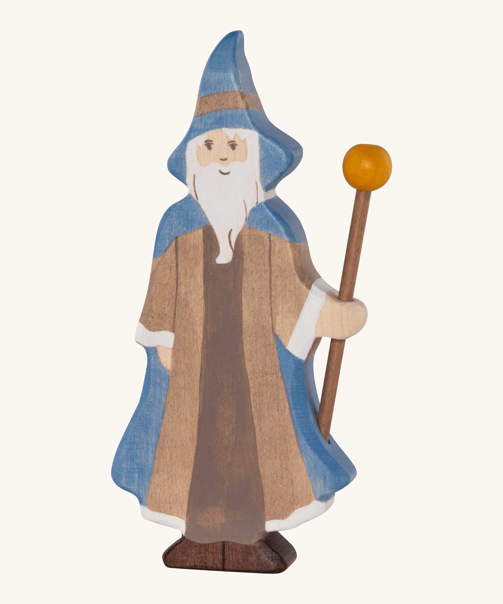 Holztiger wooden bearded magician figure with a blue cloak and brown outfit with a matching blue hat and holding a wooden staff