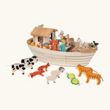Holztiger handcrafted wooden Noah's ark with different animal figures on top of the deck and around the ark