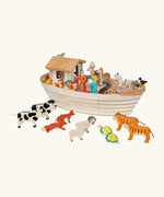 Holztiger handcrafted wooden Noah's ark with different animal figures on top of the deck and around the ark