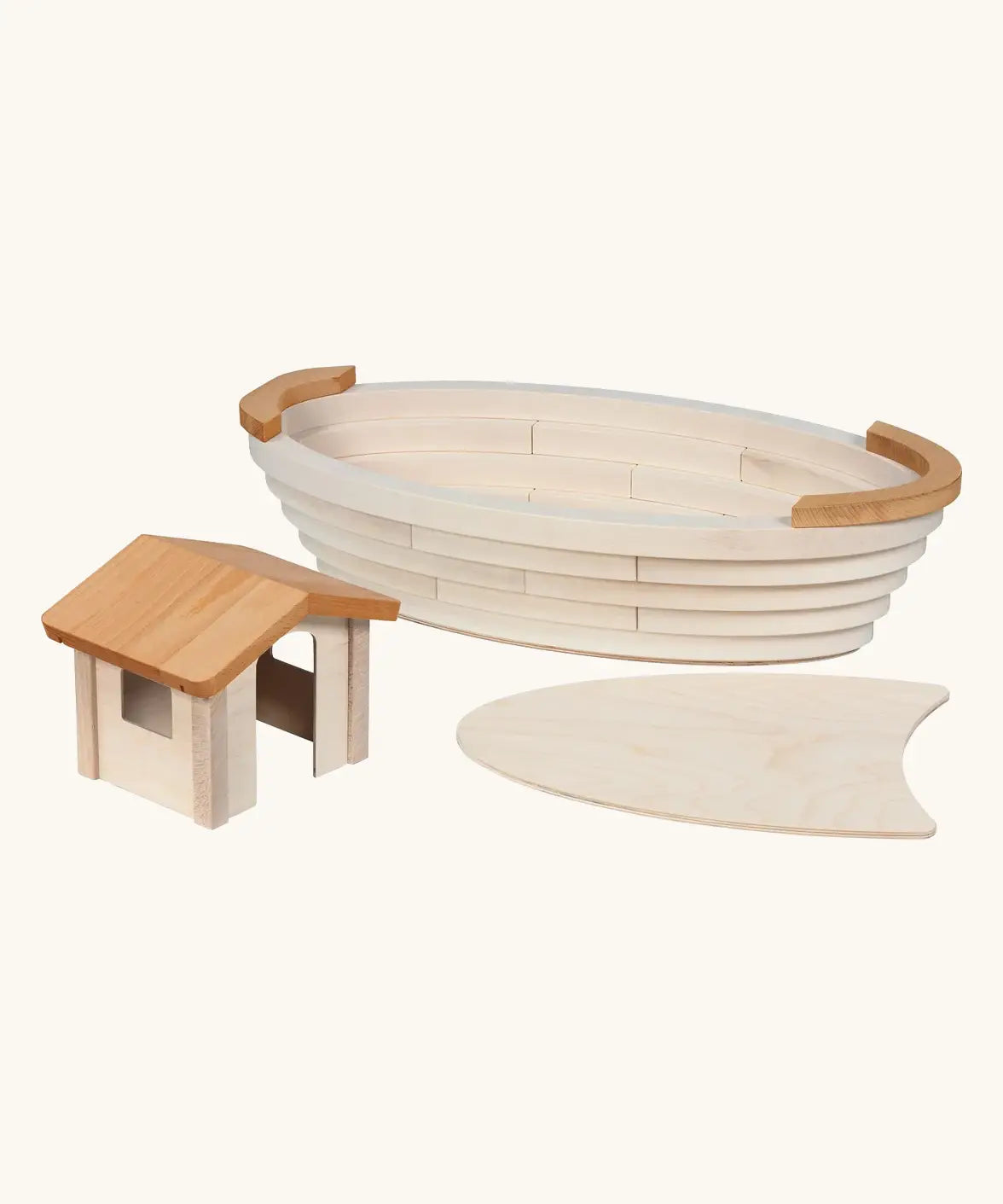 Holztiger handcrafted wooden Noah's ark showing the detachable cabin and removable top deck separated from the ark