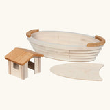 Holztiger handcrafted wooden Noah's ark showing the detachable cabin and removable top deck separated from the ark