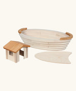 Holztiger handcrafted wooden Noah's ark showing the detachable cabin and removable top deck separated from the ark