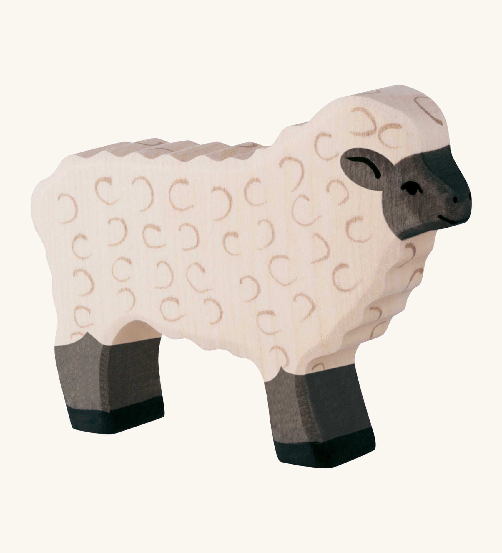 Holztiger white wooden standing sheep figure with black feet, face and 