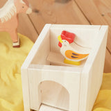 Holztiger wooden small animal shelter, doubles as a chicken coop or rabbit hut with opening door/ramp and shelf with Holzitger hen.