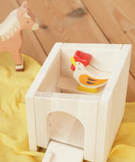 Holztiger wooden small animal shelter, doubles as a chicken coop or rabbit hut with opening door/ramp and shelf with Holzitger hen.