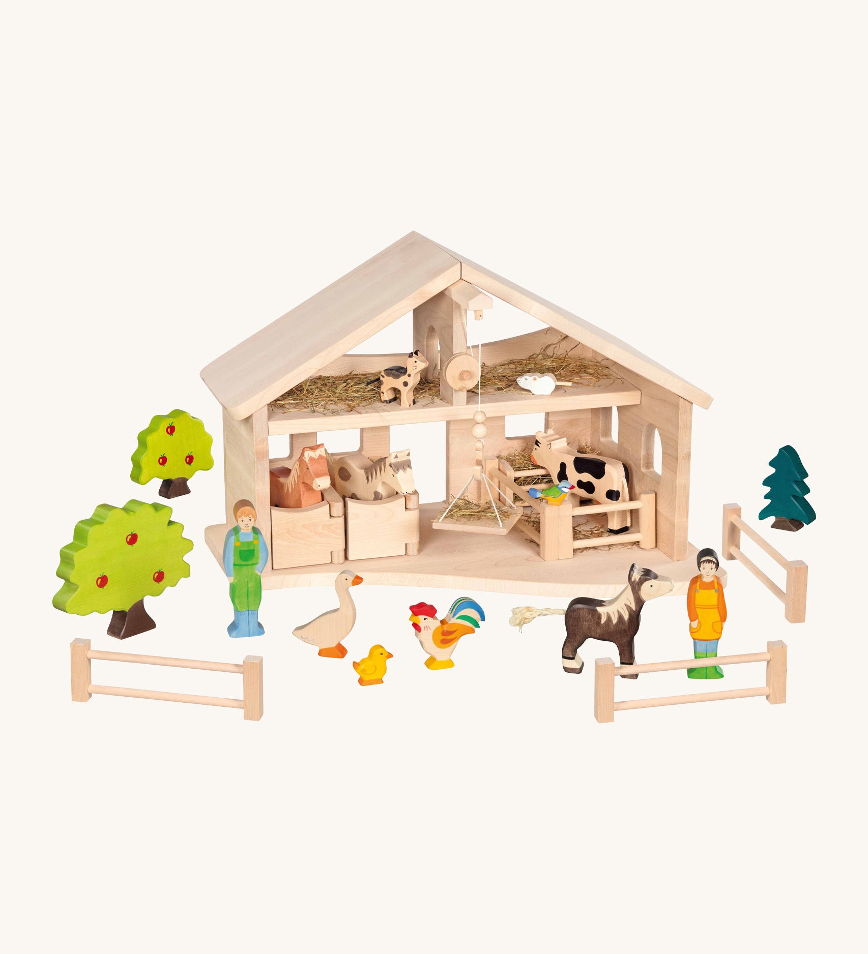 Holztiger wooden stable setup with different hand crafted wooden farm animals. and people figures 