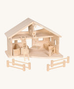 Holztiger wooden stable set made from natural unfinished wood includes a crane, ladder, fences and animal pens