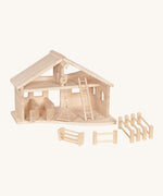 Holztiger wooden stable set made from natural unfinished wood. Shows a crane ladder, 4 fence pieces and 2 animal pens