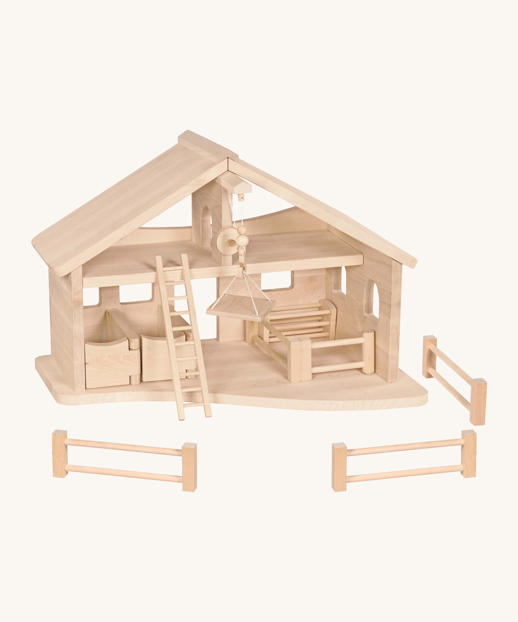 Holztiger wooden stable set made from natural unfinished wood. Set includes a crane, ladder, fences and animal pens