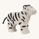 Holztiger wooden standing white baby tiger with black stripes and a black tail made from thin rope