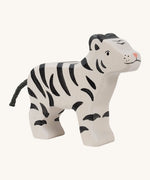 Holztiger wooden standing white baby tiger with black stripes and a black tail made from thin rope