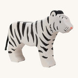 Holztiger wooden standing white adult tiger with black stripes and a black tail made from thin rope