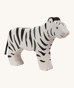 Holztiger wooden standing white adult tiger with black stripes and a black tail made from thin rope