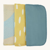 Imse Vimse Reusable blue sprinkle design 10 pack Organic Cotton Wipes showing the 2 patterned wipe set and pale blue wipes available at Babipur.