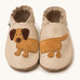 Inch Blue cream dash shoes available at Babipur. A soft cream baby leather shoe with cute playful suede dashchund design. Features elastic ankle cuffs for a secured fit