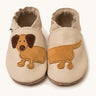 Inch Blue cream dash shoes available at Babipur. A soft cream baby leather shoe with cute playful suede dashchund design. Features elastic ankle cuffs for a secured fit