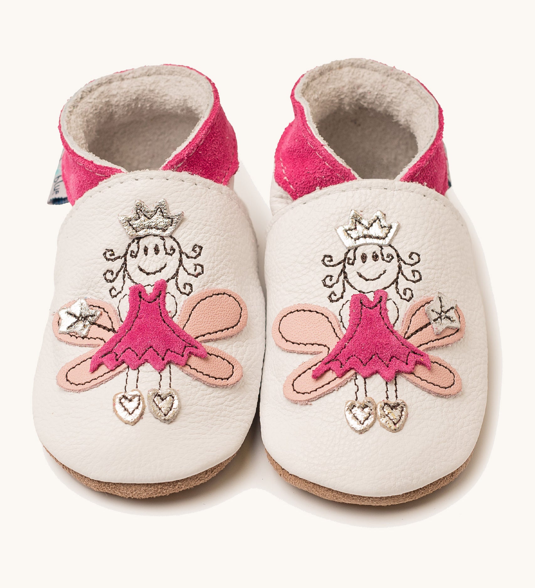 Inch Blue fairy princess shoes available at Babipur. A soft light pink baby leather shoe with cute and playful pink suede fairy princess design on each shoe. Features elastic ankle cuffs for a secured fit