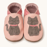 Inch Blue meeow soft pink  baby shoes available at Babipur. A soft light pink leather baby shoe with a cute playful grey suede cat on each shoe. Features elastic ankle cuffs for a secured fit